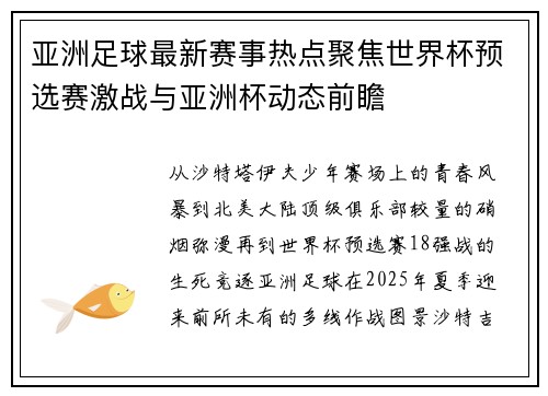 亚洲足球最新赛事热点聚焦世界杯预选赛激战与亚洲杯动态前瞻